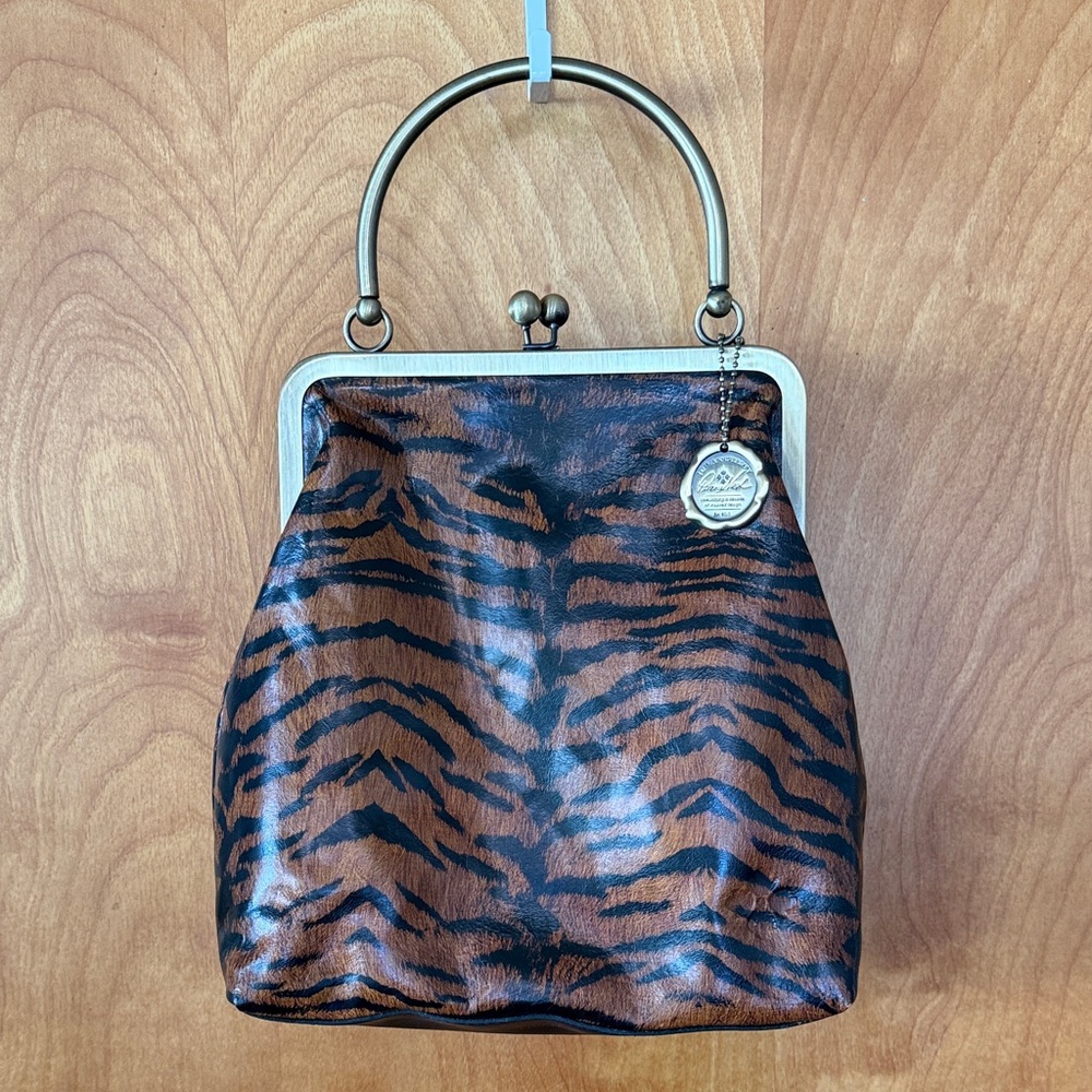 Patricia Nash Brown and Black Tiger-Print Frame Top Handle Crossbody Bag